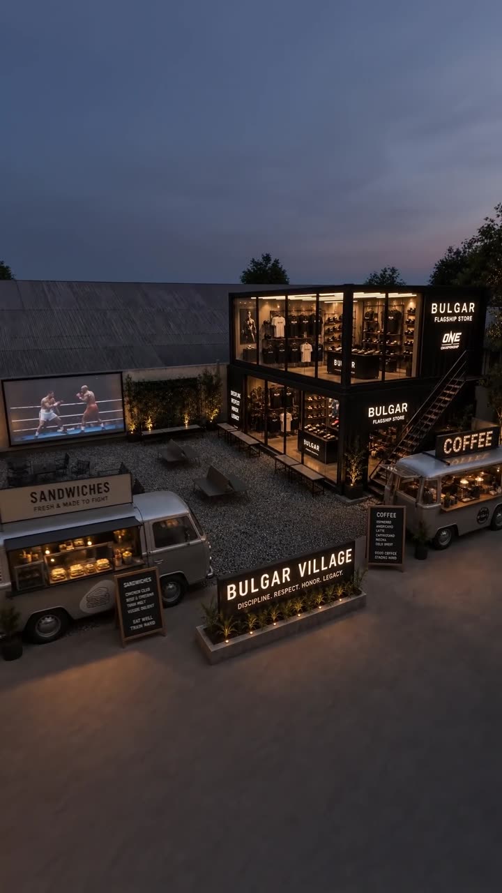 The Village at dusk: the flagship store, the coffee truck and the courtyard